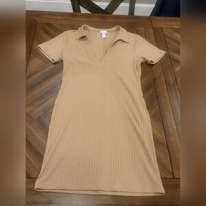 Ribbed Tan Collared Tee-Shirt Dress Large V-Neck